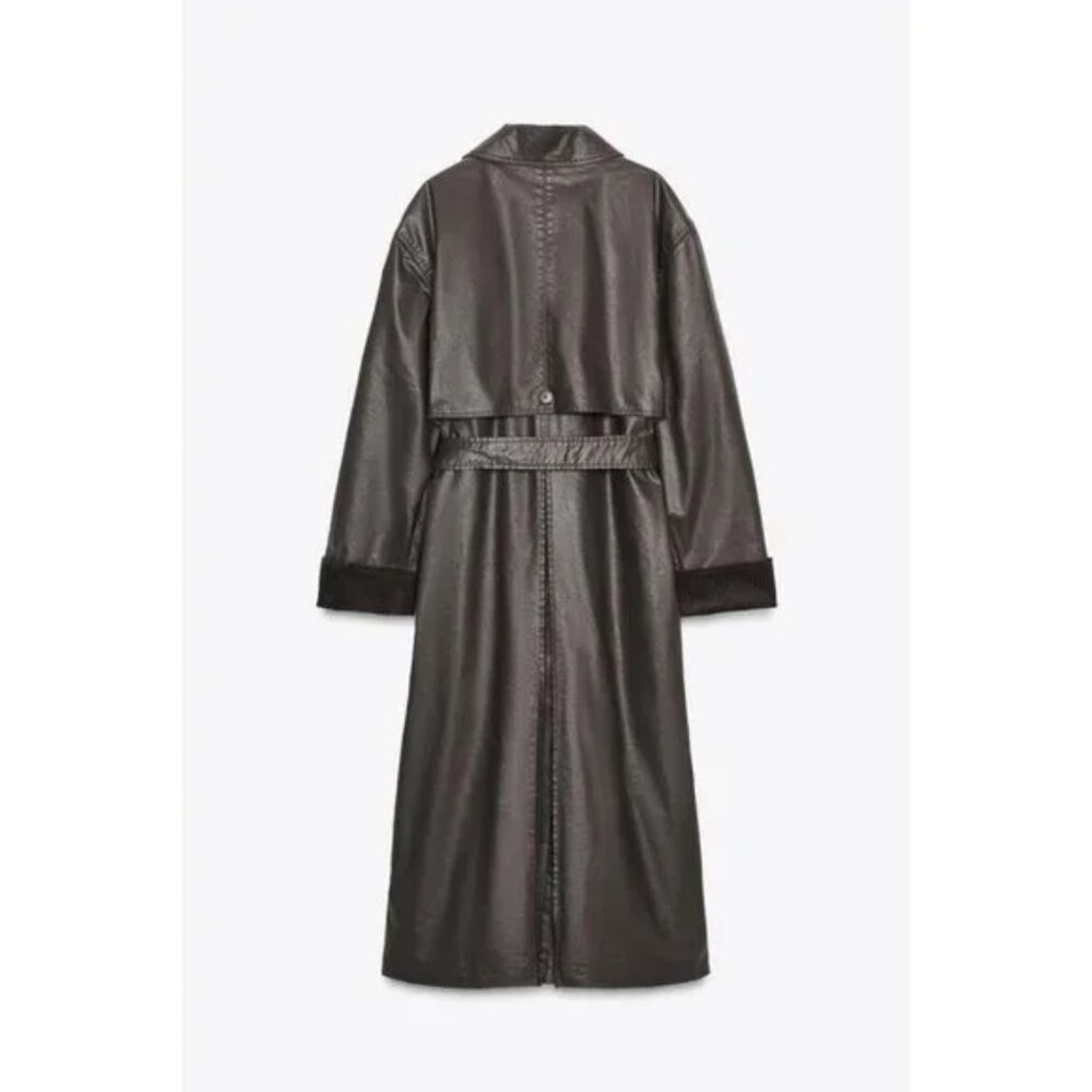 ZARA LONG WAXED TRENCH COAT WITH CORDUROY CUFFS - Picture 9 of 10